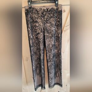 BCBG Black Mesh Pants with Abstract Embroidery and tan underlay